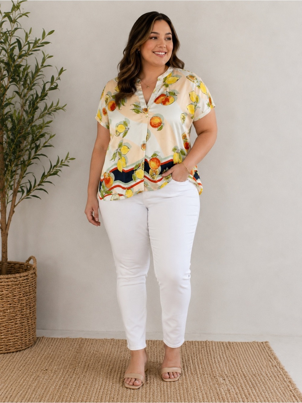 Rachel Roy Lemon Citrus Print Blouse Top XL